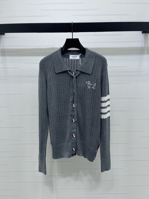 Thom Browne Custom Wool Knit Open - Front Cardigan with Embroidery Puppy and Stripes
