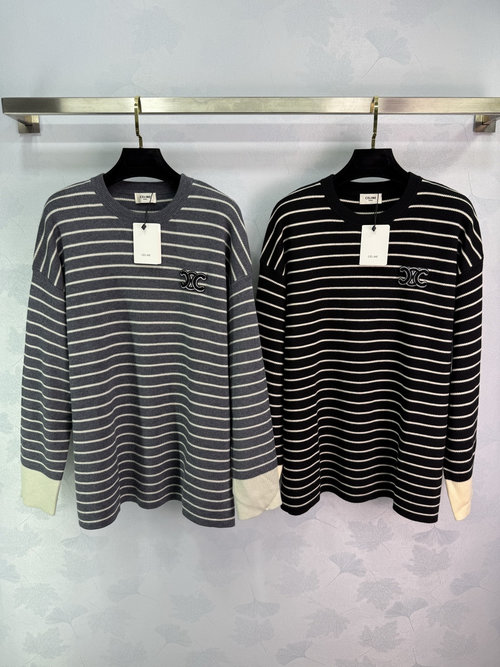 Celine Striped Knit Sweater with Triumph Arch Embroidered Pattern