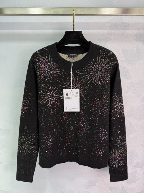 Chanel YB Cashmere Knit Top Accented with Colorful Rhinestones and Double C Emblem
