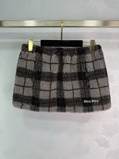 Miu Miu Checked Teddy Furry Skirt with Brand Embellishment