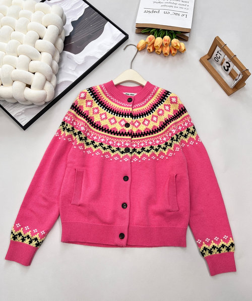 Miu Miu Round Neck Cardigan with Fair Isle Crochet and Letter Logo