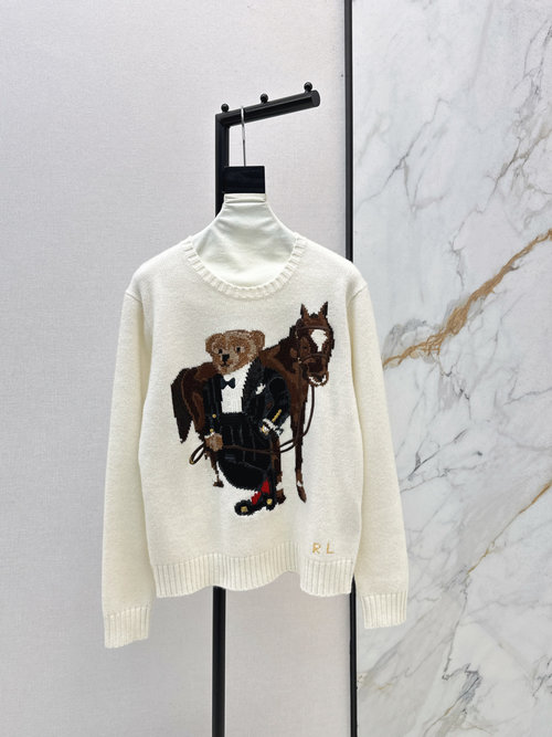 Loro Piana American Casual Style Knight Bear Round-neck Sweater with Embroidery