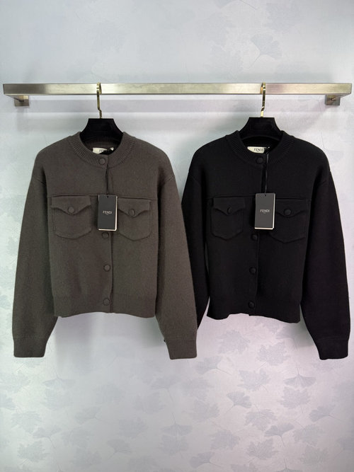 Fendi Double Pocket Crew Neck Cardigan in Custom Wool Blend, Exuding Softness and Elegance