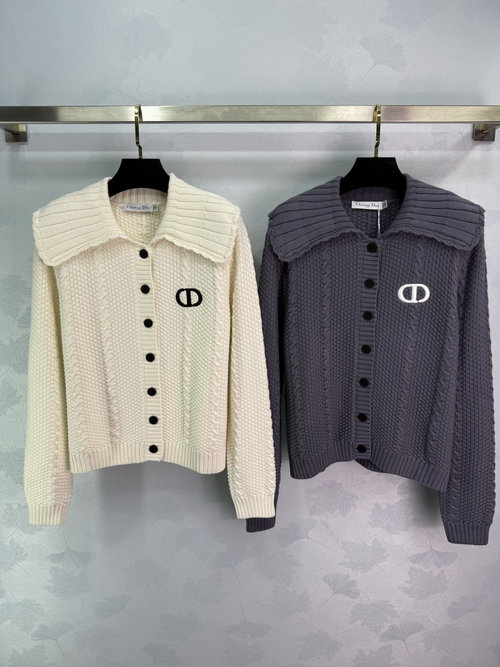 Dior Elegant Doll - Collared Knit Cardigan with Brand Embroidered Logo