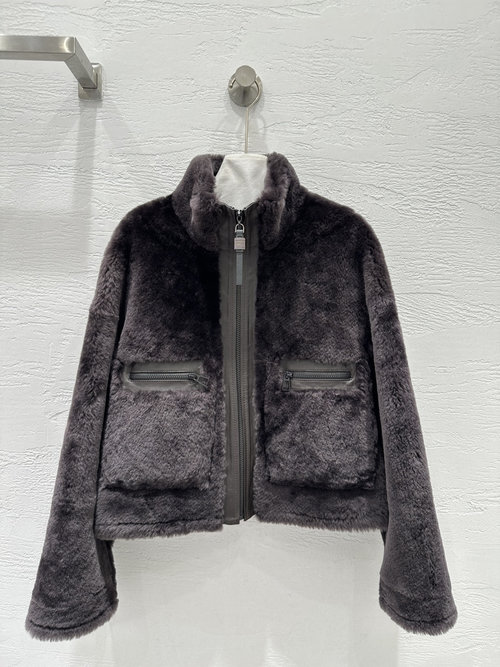 Brunello Cucinelli Exclusive High-end Merino Fur Coat with Classic H Design and Copper Chain