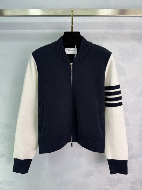 Thom Browne Navy and White Knit Cardigan in American College Style, Unique Design