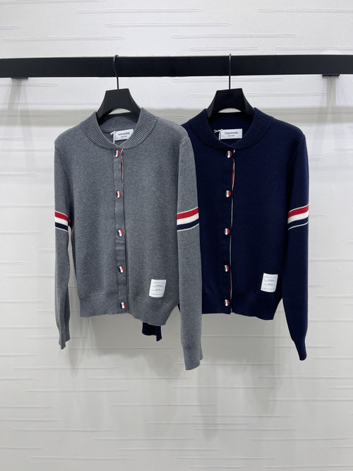 Thom Browne Round Neck Long Sleeve Knit Cardigan with Stripes, Latest Collection