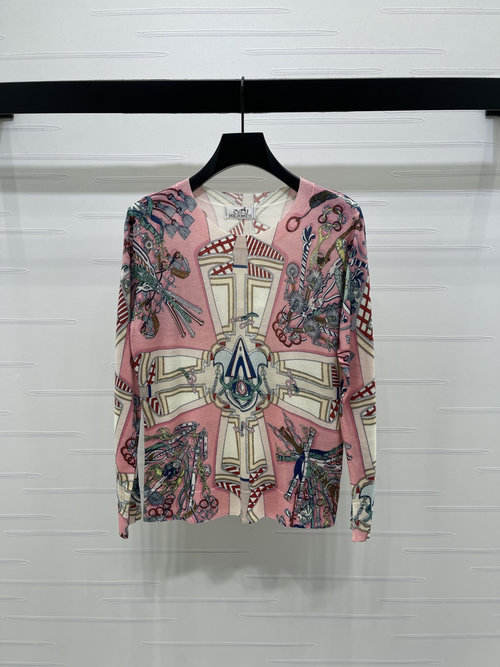 Hermes Printed Round Neck Knit Long Sleeve with Horse Cloud Pattern, Latest Collection