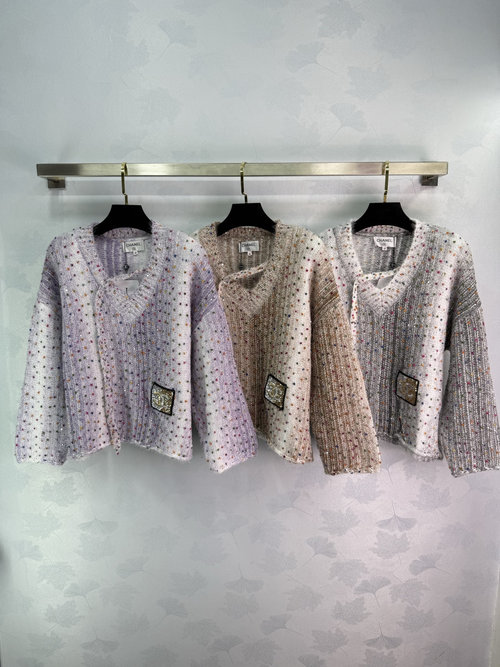 Chanel Colorful Polka Dot Knit Top with V-Neck and Golden Logo Badge