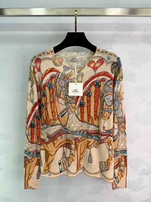 Hermes Carriage Pattern Knitted Shirt with Hand-Rolled Edges