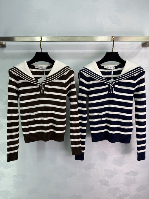 Dior Navy Collar Striped Knitted Shirt in Wool Blend