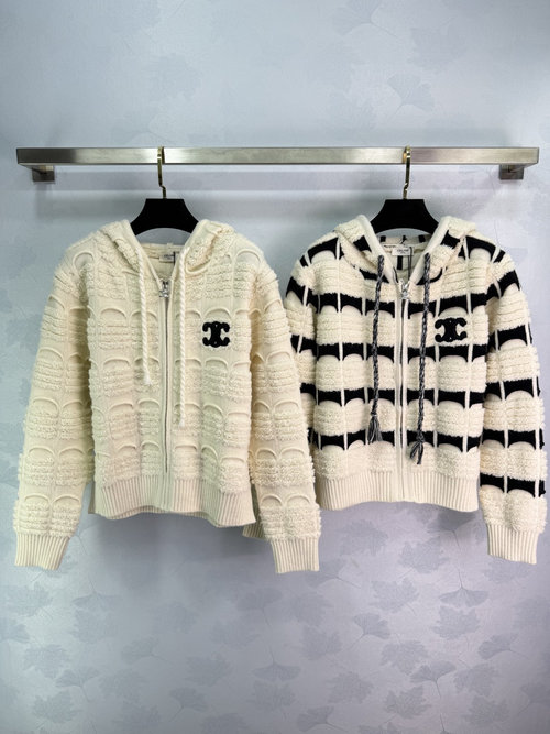 Celine Triumphal Arch Hooded Cardigan in 100% Wool with Black and White Stripe Blend