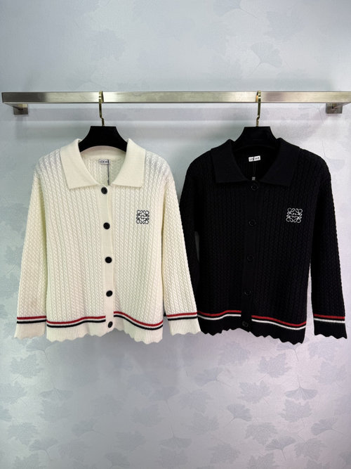 Loewe Textured Knitted Cardigan with Wave Hem and Logo Embroidery