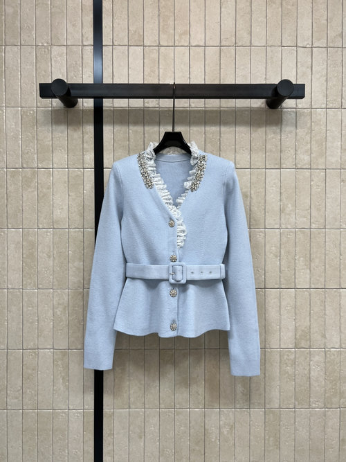 Self-Portrai Blue Lace Knitted Cardigan with V-Neck, Diamond Accents, and Belted Waist