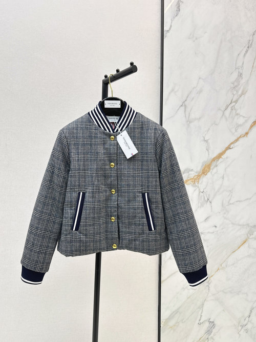 Thom Browne Exclusive Gray Checkered Cotton Coat with Striped Details