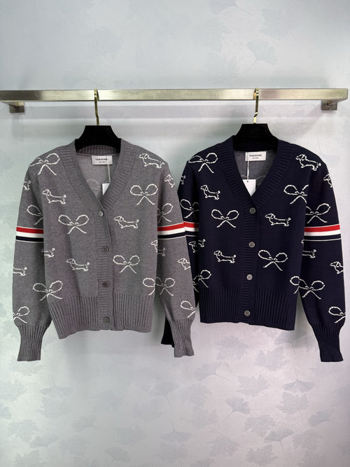 Thom Browne Dog Embroidery Cardigan with Red and White Striped Sleeves and Bow Accents