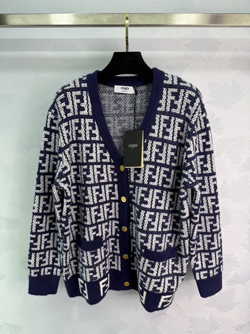 Fendi V-Neck Letter Jacquard Knit Cardigan in High-Quality Wool