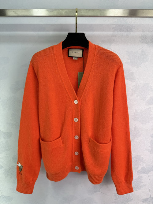 Gucci Orange Wool Cardigan with V - Neck and White Buttons