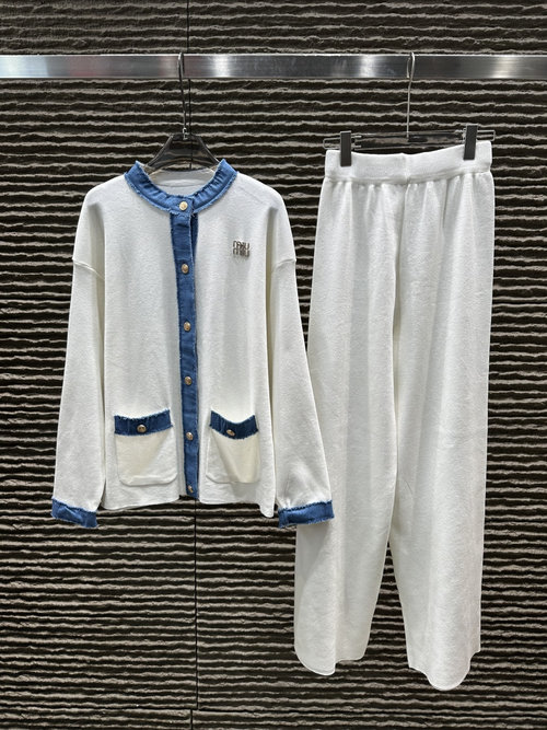 Miu Miu Newly Arrived Denim-collaged Cardigan and Trousers Set