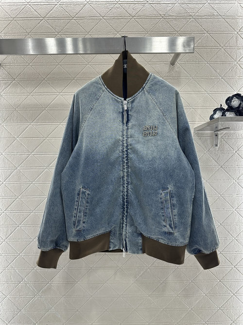 Miu Miu Contrast-Color Denim Cotton Coat with Enzyme Wash and Logo Embellishment