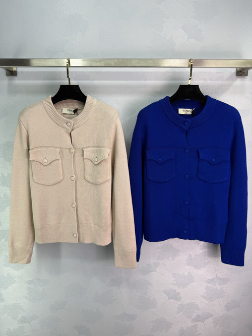 Fendi Round Neck Button-Up Knit Cardigan with Pockets, Effortlessly French Style
