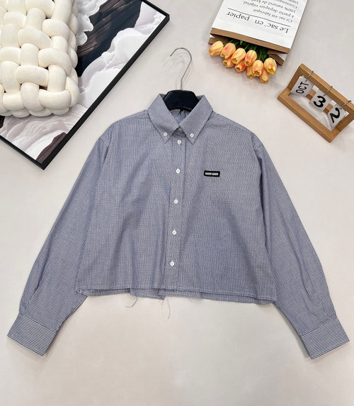 Miu Miu Short Checked Shirt with Letter Patch