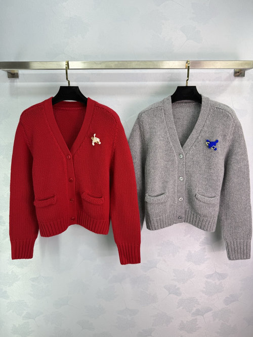 Celine V-Neck Knit Cardigan with Pin Logo, Soft Cashmere