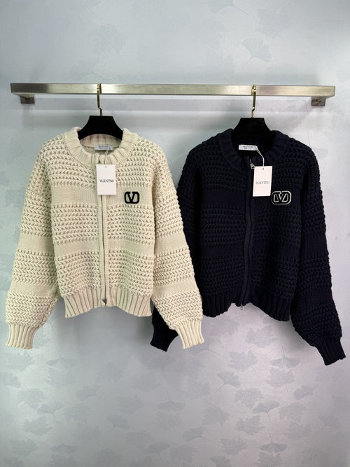 Valentino Chunky Knit Zip - Up Sweater with Textured Pattern and Logo