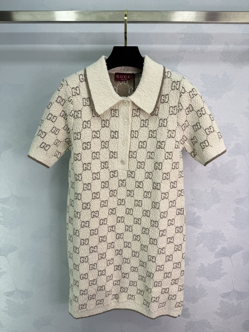 Gucci Textured Knit Short-Sleeve Dress with Double G Jacquard Pattern