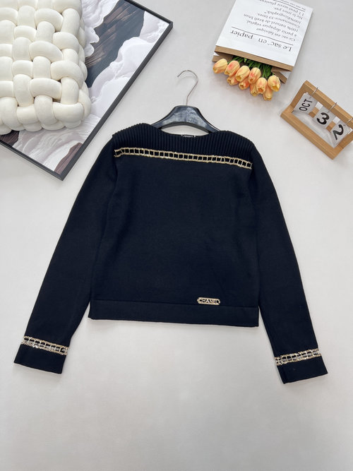 Chanel Black and Gold Chain Off-the-shoulder Knit Top, Elegant Style