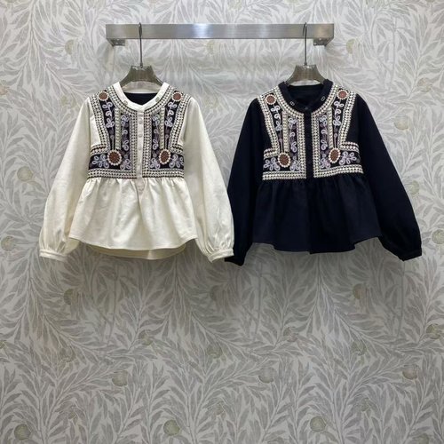 Dior Elegant Denim Linen Top with Embroidered Collar and Puff Sleeves