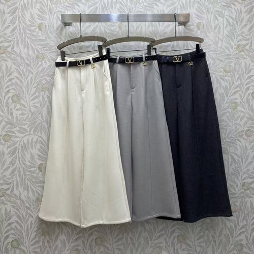 Valentino High-Waisted Wide-Leg Pants with Metal Buckle Belt for Versatile Styling