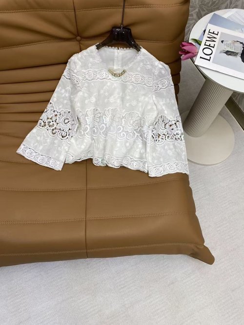 Valentino Lace Embroidered Linen Blouse with Flared Sleeve Design
