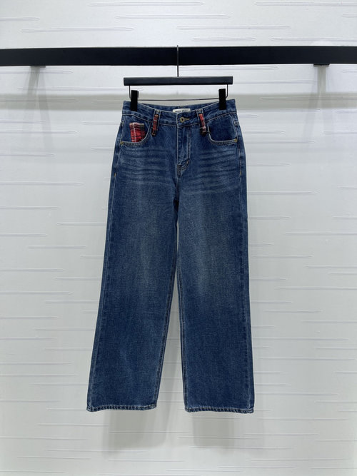 Miu Miu Vintage-Distressed Colorblock Straight-Leg Jeans with Check Pattern