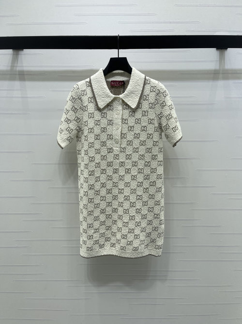 Gucci Lapel Textured Knit Short Sleeve Dress with Double G Motif