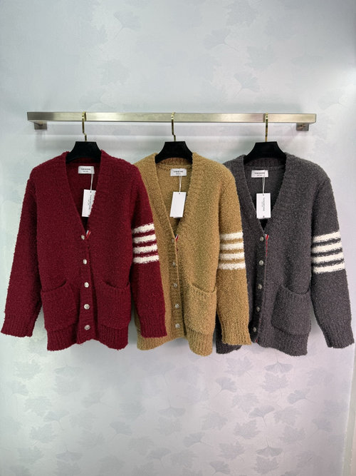 Thom Browne V-Neck Knit Cardigan with White Striped Cuffs, Suitable for Festive Events