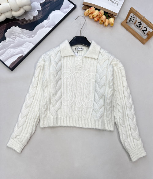 Celine Stylish Knit POLO Collar Long Sleeve with 3D Cable Knit, Two Colors