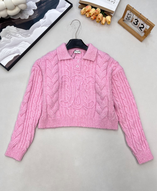 Celine Stylish Knit POLO Collar Long Sleeve with 3D Cable Knit, Two Colors