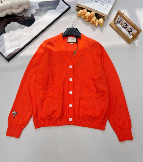 Gucci Orange Knit V-Neck Cardigan with Bee Embroidery