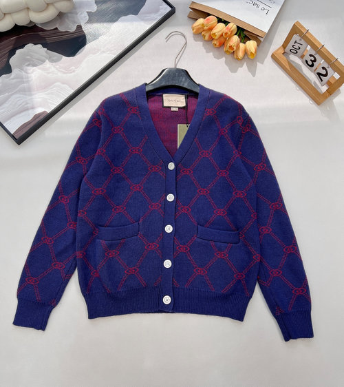 Gucci Double G Jacquard Knit V-Neck Cardigan with Pearls