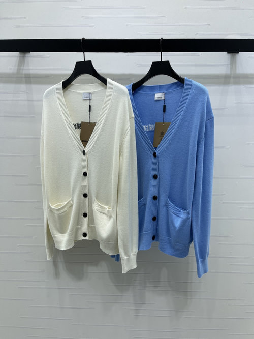 Burberry Timeless Double Pocket V-Neck Knit Long-Sleeve Cardigan with Horse Logo