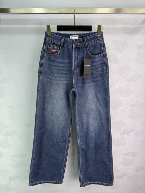 Yves Saint Laurent Insert-Color Straight-Leg Jeans, Leather Logo and Relaxed Fit