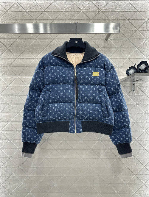 Louis Vuitton Short Down Jacket with Patchwork Denim and Logo Decoration