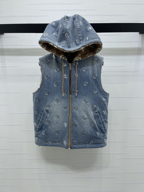 Louis Vuitton Stylish Reversible Teddy Fleece Denim Vest with Logo
