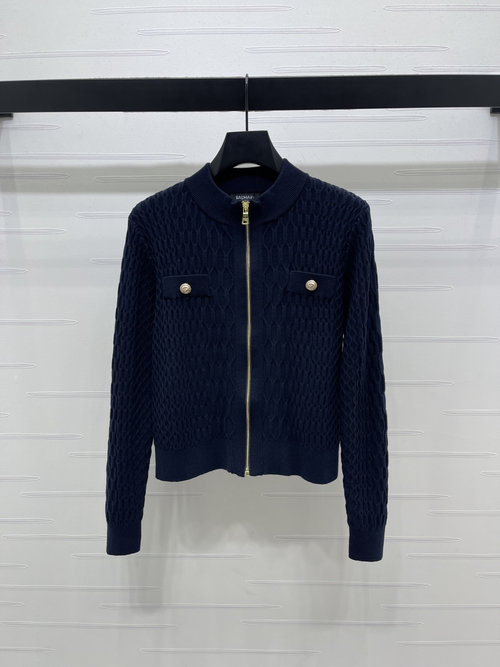 Balmain Elegant Knit Cardigan with Three - Dimensional Pattern, Round Neck and Metal Zipper