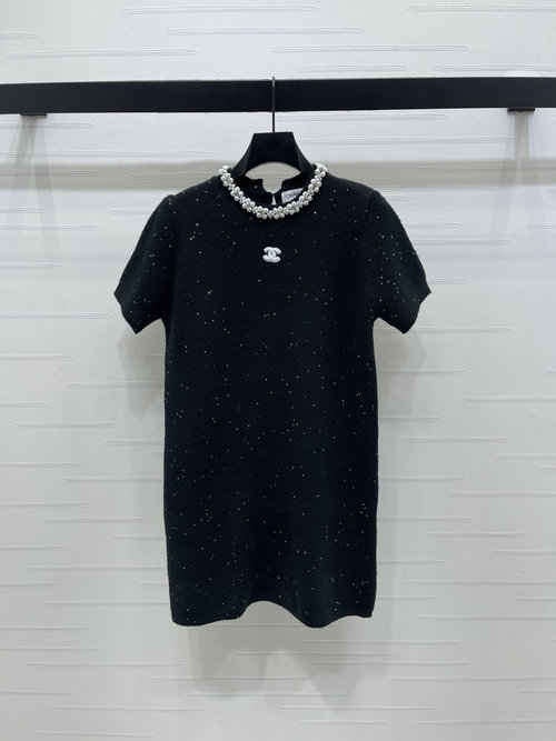 Chanel Plain Sequin Knit Sleeveless Dress with Decor for Daily Use