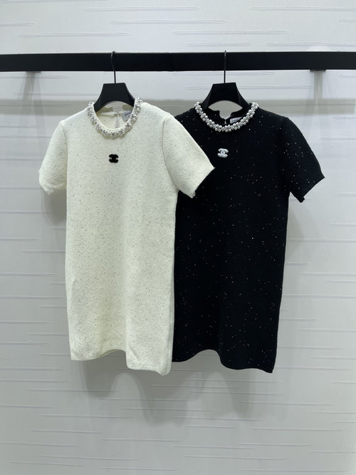 Chanel Plain Sequin Knit Sleeveless Dress with Decor for Daily Use