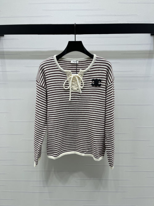 Celine Striped Knit Long-sleeved Top with Arch Logo in Navy Style