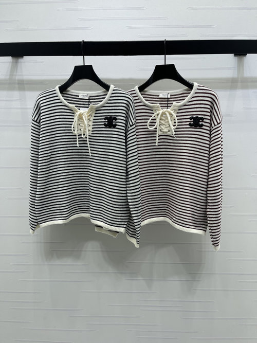 Celine Navy Stripe Knit Long Sleeve Top with Arch Logo