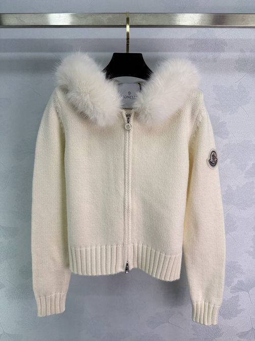 Moncler Chunky Knit Coat with Detachable Fox Fur Collar and Embroidered Brand Mark